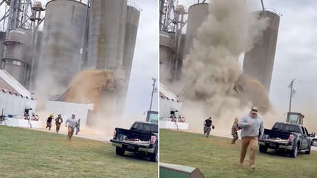 VIDEO: El impactante momento en que un enorme silo se parte en dos y colapsa 