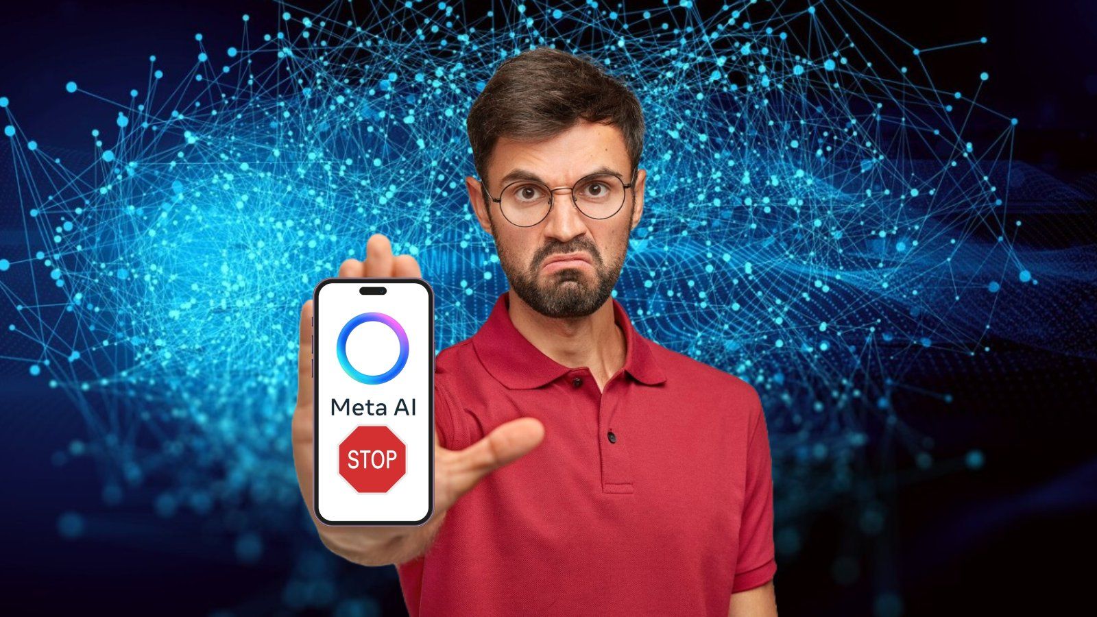 Ilustración conceptual de una persona utilizando un smartphone donde se muestran los logos de WhatsApp y MetaAI, representando la integración de la inteligencia artificial en la aplicación