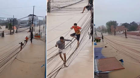Equilibrismo letal: inundaciones obligan a tailandeses a moverse entre cables eléctricos (VIDEO)