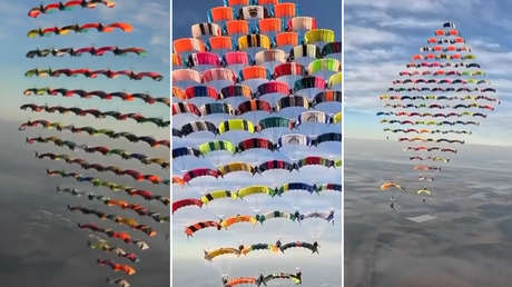 VIDEO IMPRESIONANTE: 104 personas forman la estructura de paracaidistas más grande jamás completada