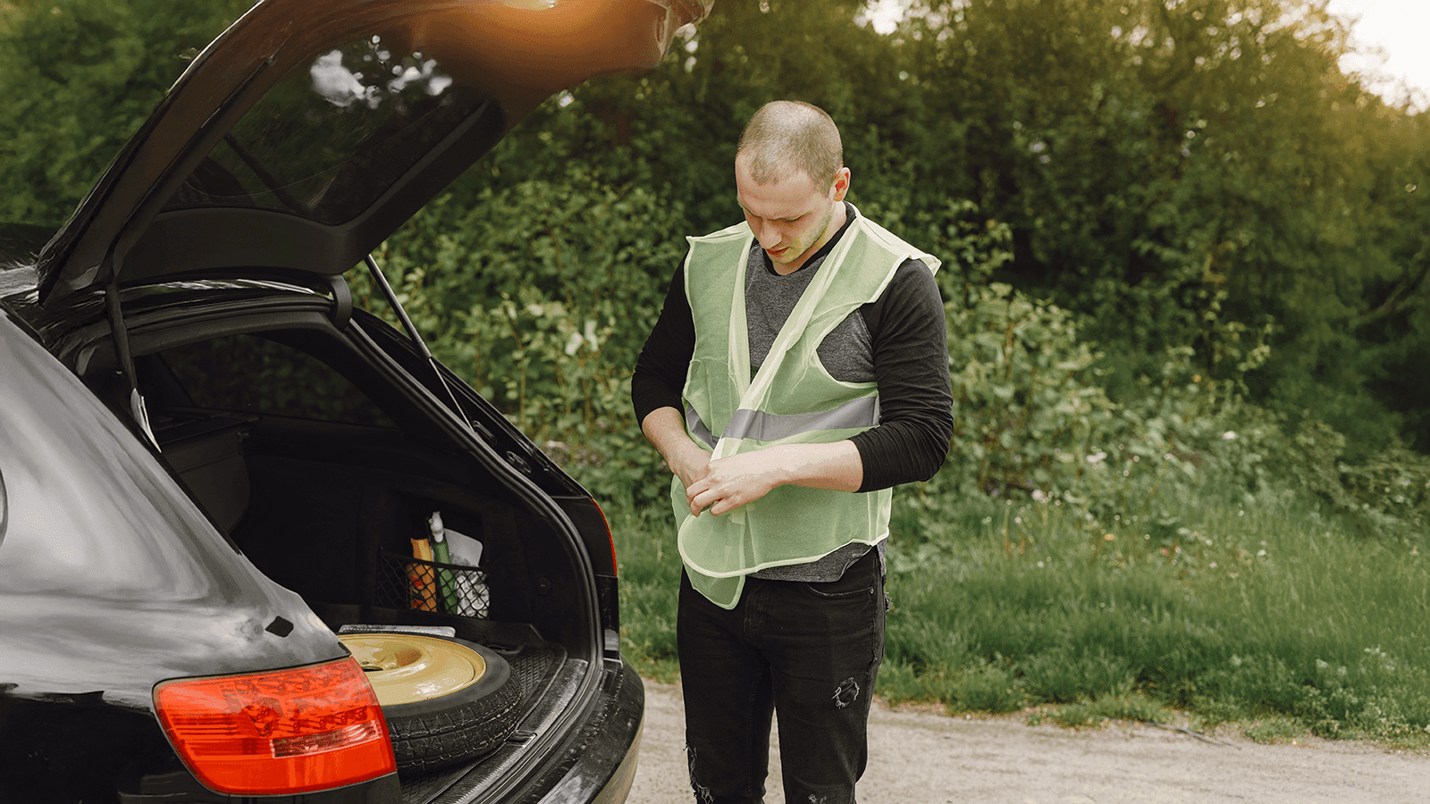 Baliza de emergencia V16 geolocalizable emitiendo una luz ámbar intermitente sobre el techo de un vehículo detenido
