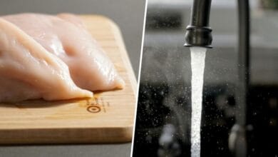 Imagen de un pollo crudo en un fregadero