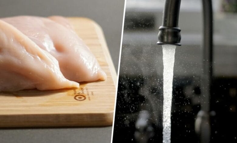 Imagen de un pollo crudo en un fregadero