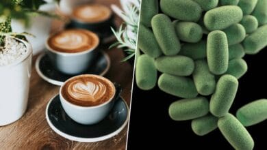 Una taza de café sobre una mesa con un fondo de bacterias beneficiosas