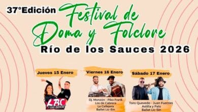 Imagen de un jinete en plena jineteada durante el Festival de Doma y Folklore en Río de los Sauces