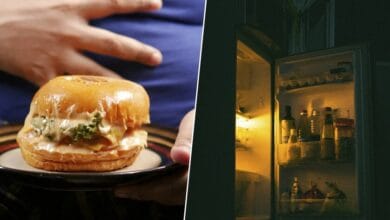 Una persona aburrida comiendo frente a la nevera