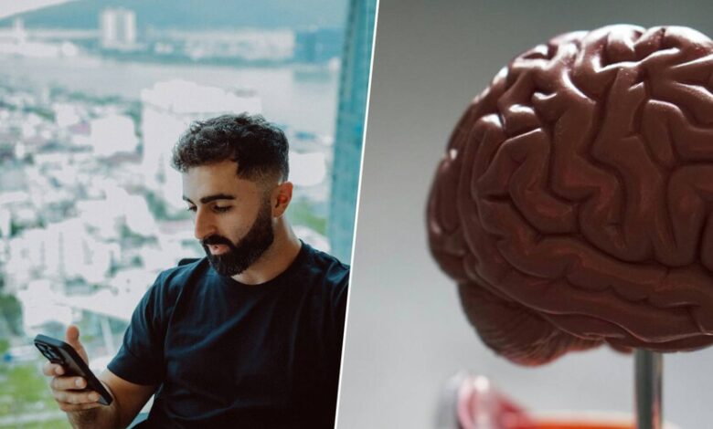 Ilustración de un cerebro con una pantalla de teléfono en el centro, simbolizando el impacto del 'doomscrolling'.