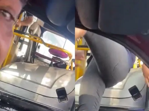 Chofer de colectivo y conductor de auto discutiendo en la calle