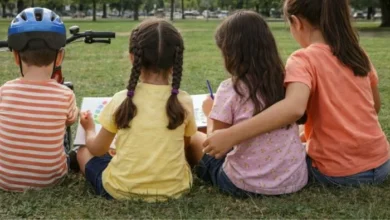 Cuatro hermanos sonrientes abrazados, buscando una familia que los adopte