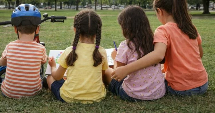 Cuatro hermanos sonrientes abrazados, buscando una familia que los adopte