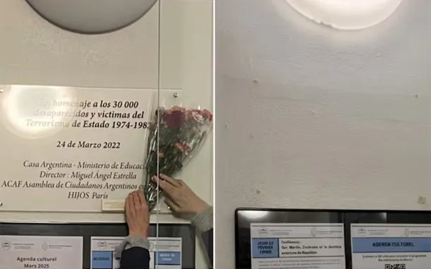 Placa conmemorativa retirada de la Casa Argentina en París