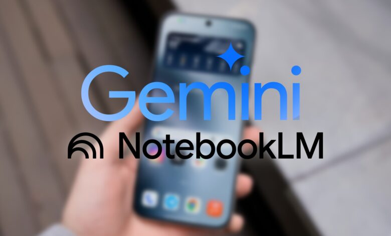 Imagen de la integración de NotebookLM con Gemini, mostrando una pantalla de dispositivo con la interfaz de Gemini y un cuaderno digital en el fondo, representando la unión de la inteligencia artificial con la productividad.