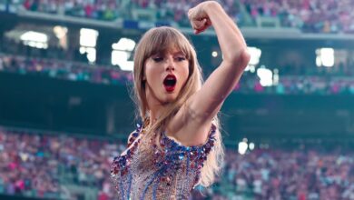 Taylor Swift en concierto con su icónico atuendo