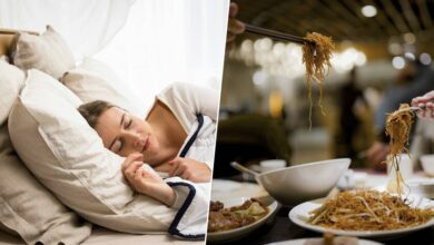 Imagen de una persona durmiendo y una cena saludable en la mesa