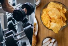 Imagen de una persona haciendo ejercicio en el gimnasio con un fondo de alimentos saludables