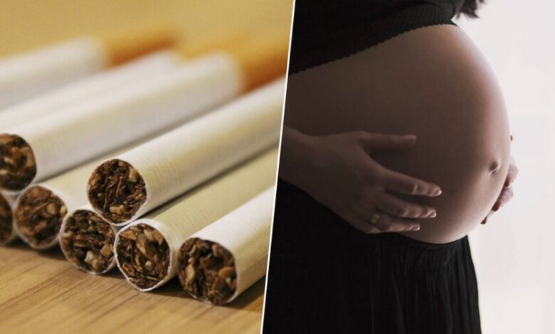 Una mujer embarazada sosteniendo un cigarro apagado, simbolizando el impacto del tabaco en la fertilidad