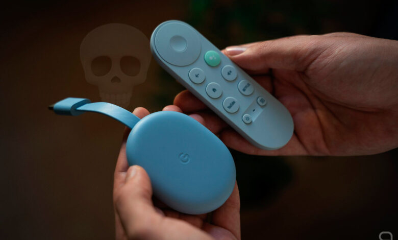 Imagen de un Chromecast con una cruz roja sobre él, simbolizando el fin del soporte