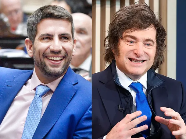Manuel Quintar y Javier Milei en una imagen simbólica con el Tesla Cybertruck