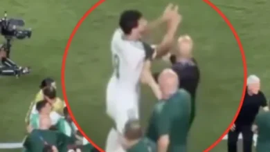 Imagen de los jugadores de Argelia y Austria en el campo después del empate polémico