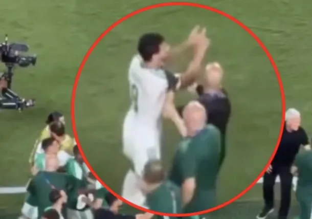 Imagen de los jugadores de Argelia y Austria en el campo después del empate polémico