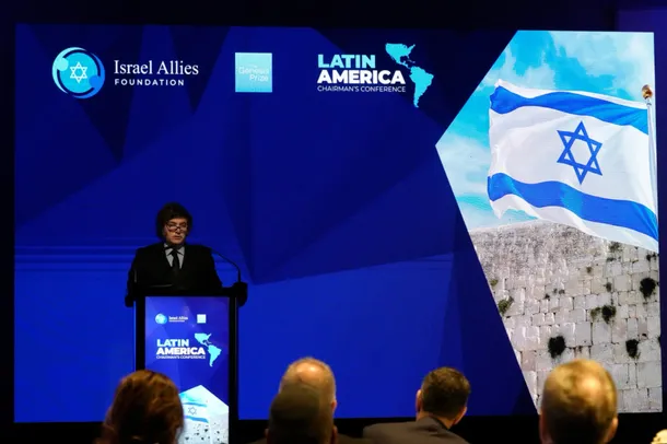 Javier Milei durante su discurso en la Conferencia de Latinoamérica de la Fundación Aliados de Israel