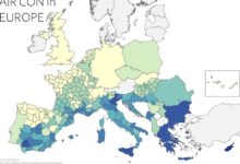 Mapa de Europa mostrando la penetración del aire acondicionado por región