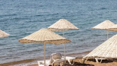 Persona bajo una sombrilla de playa con protector solar