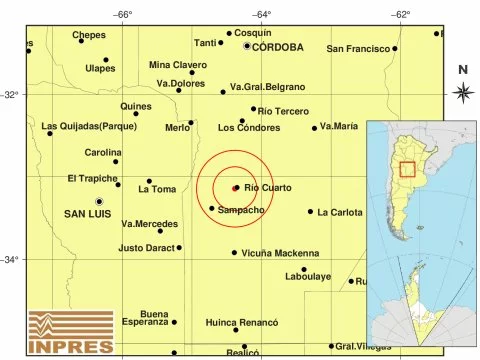 Mapa de la provincia de Córdoba con un símbolo de sismo
