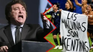 Imagen de la bandera argentina con el lema "Las Malvinas son argentinas"