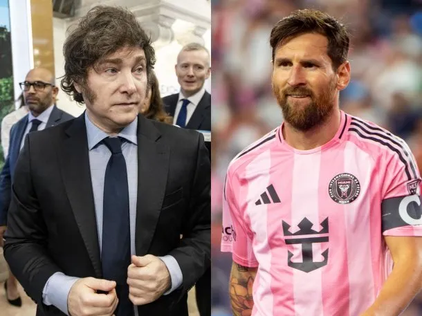 Javier Milei y Lionel Messi en una imagen simbólica que representa la unión entre la política y el fútbol