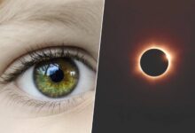 Imagen de una persona mirando el eclipse solar con gafas de protección