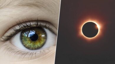 Imágenes de personas mirando el eclipse solar con gafas de protección