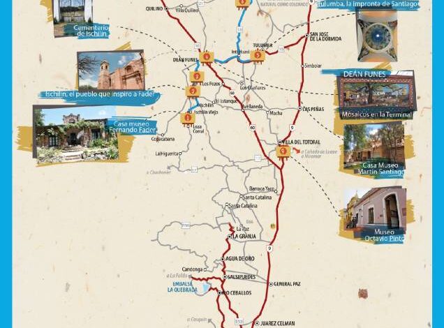 Mapa del circuito cultural Camino de los pintores del norte cordobés, con los ocho puntos de interés