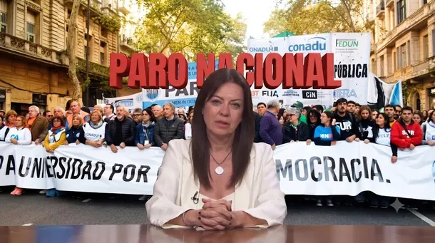 Imagen de un edificio universitario con estudiantes y profesores reunidos en protesta