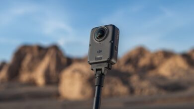 DJI Osmo 360 II mostrando captura en 8K de una escena de montaña