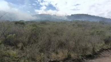 Bomberos y helicópteros combatiendo incendio forestal en Rumi, La Calera