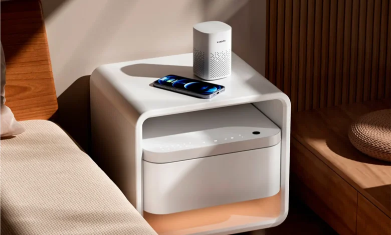 mesita de noche Xiaomi con cargadores inalámbricos y altavoz Bluetooth