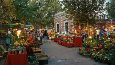 Vista panorámica del Paseo de las Artes en Güemes con puestos de feria y arquitectura histórica
