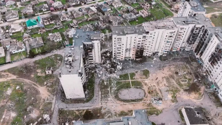 Vista aérea de la ciudad de Oleshky en la ribera izquierda del río Dniéper, bajo control ruso