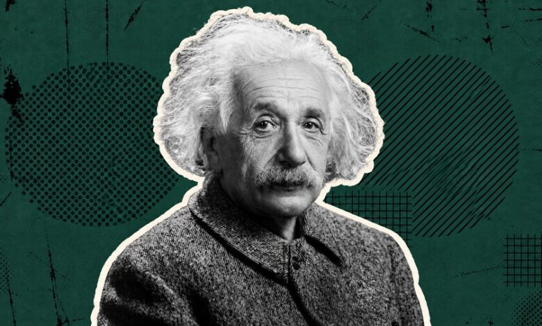 Collage de Albert Einstein con cita sobre la vida tranquila