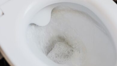 Botella de vinagre blanco sobre el borde de un inodoro