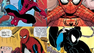 Ilustración icónica de Spider‑Man balanceándose entre rascacielos