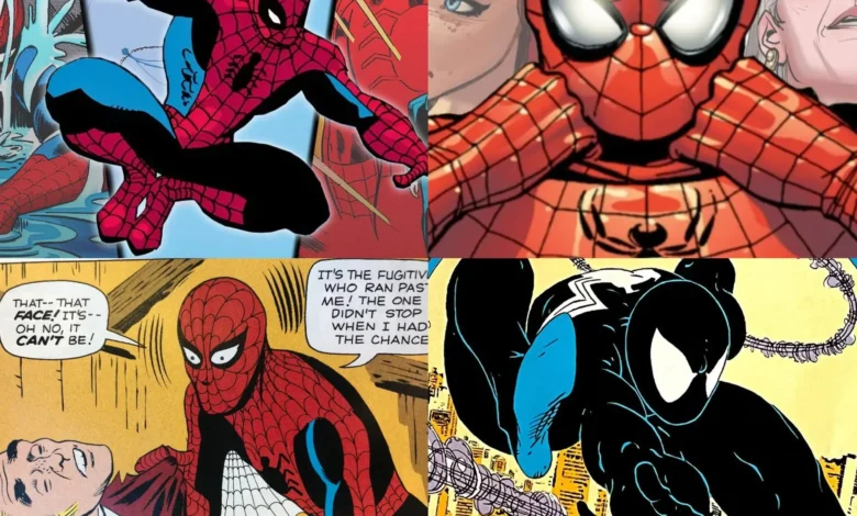 Ilustración icónica de Spider‑Man balanceándose entre rascacielos
